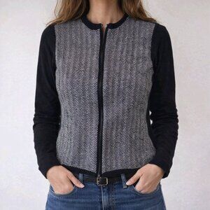 Lord & Taylor Cardigan Sweater Womens Petite Large Black White Full Zip Wool